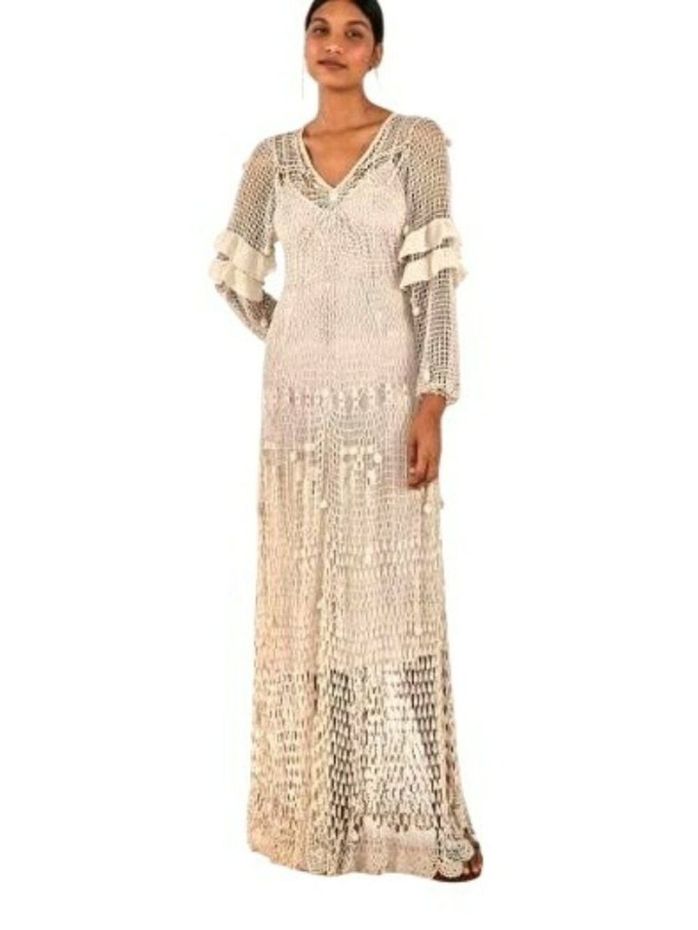 Farm Rio Beige Crochet Maxi Dress Size Medium MSRP $595 NWT